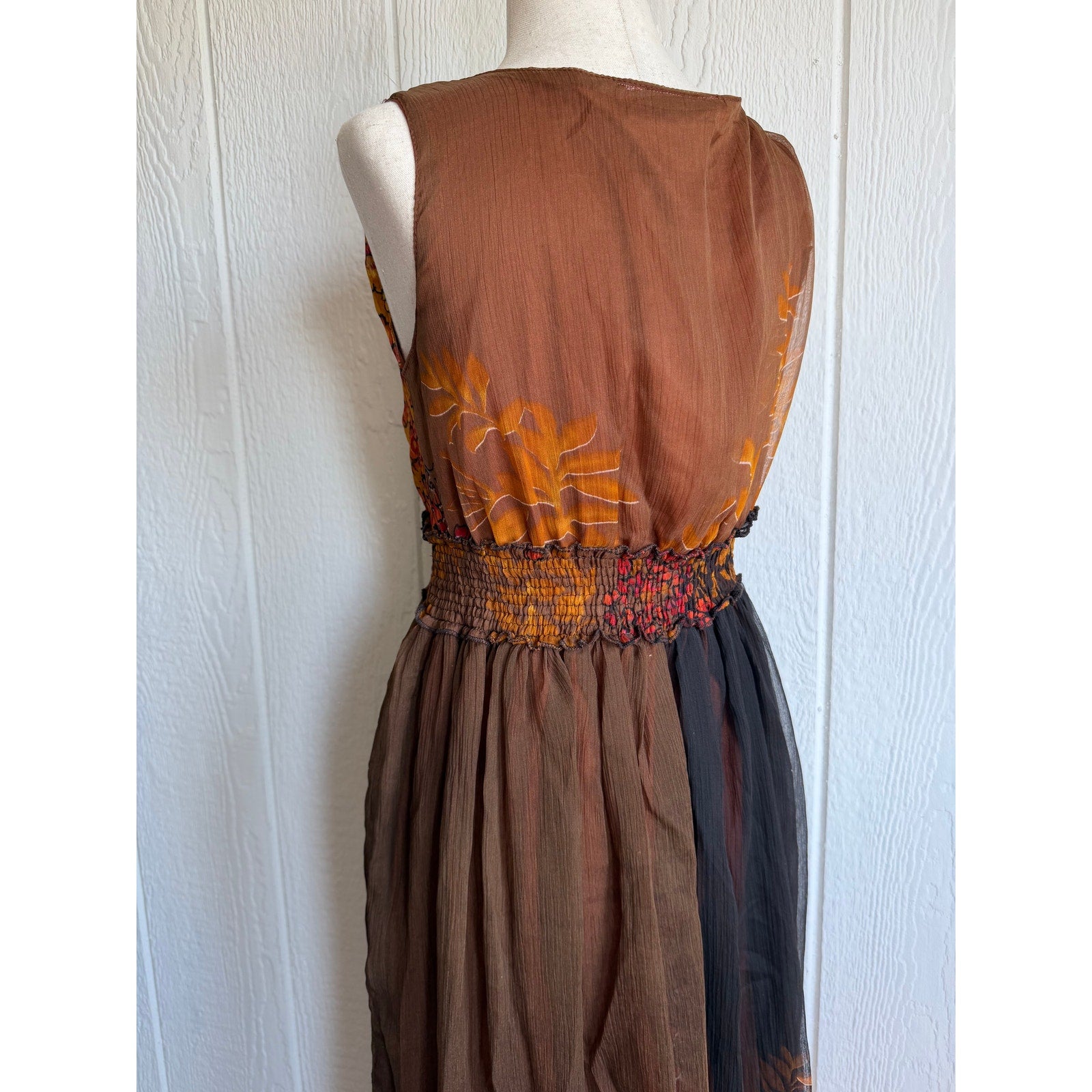 Vintage Floral Chiffon Maxi Dress Brown Orange Boho Empire Waist Medium