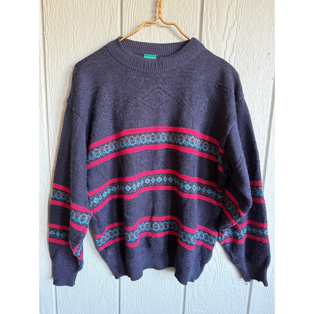 Vintage 90s Canda Knit Sweater Navy Red Teal Striped Textured Crewneck MD