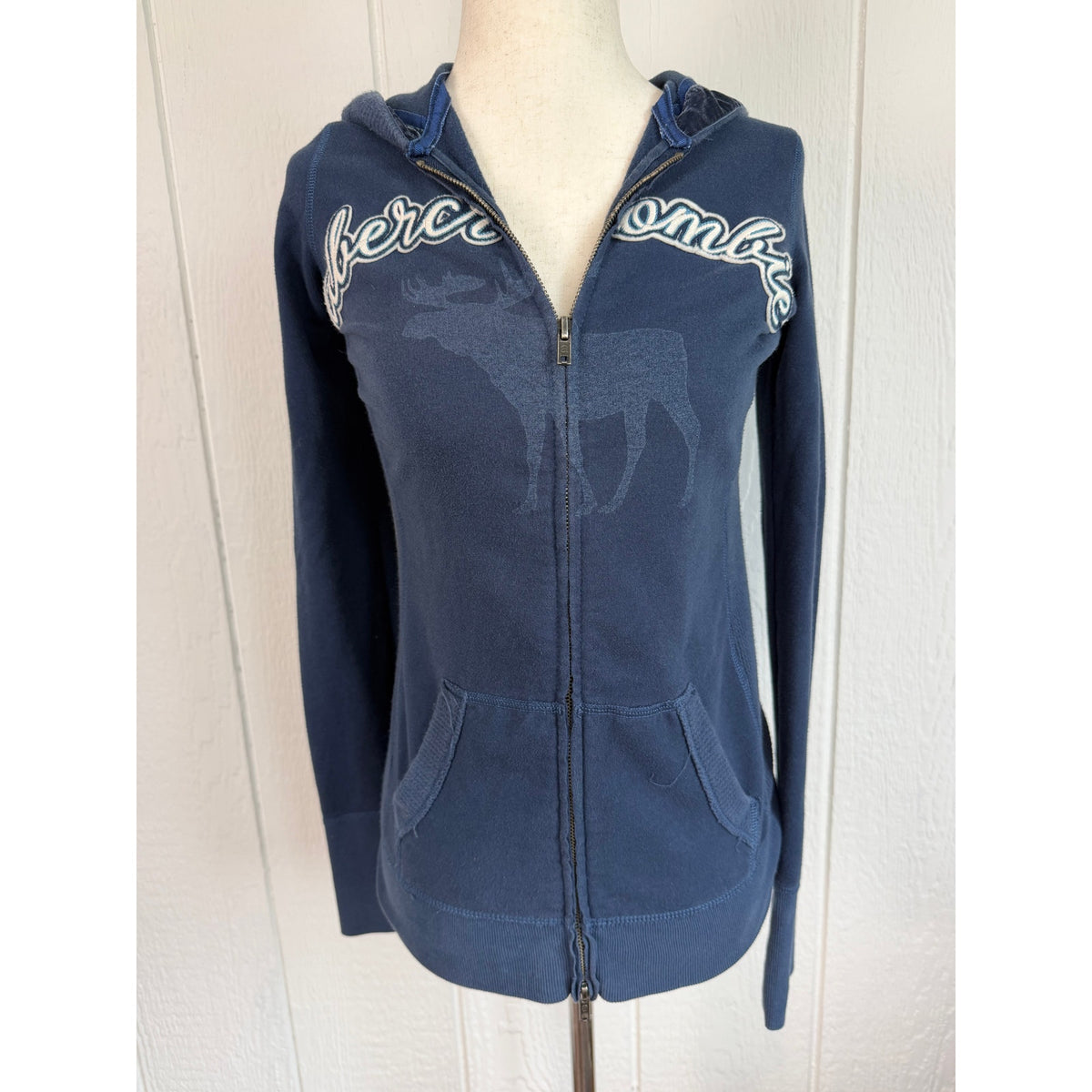 Vintage Y2K Abercrombie & Fitch Navy Blue Full-Zip Hoodie, Large