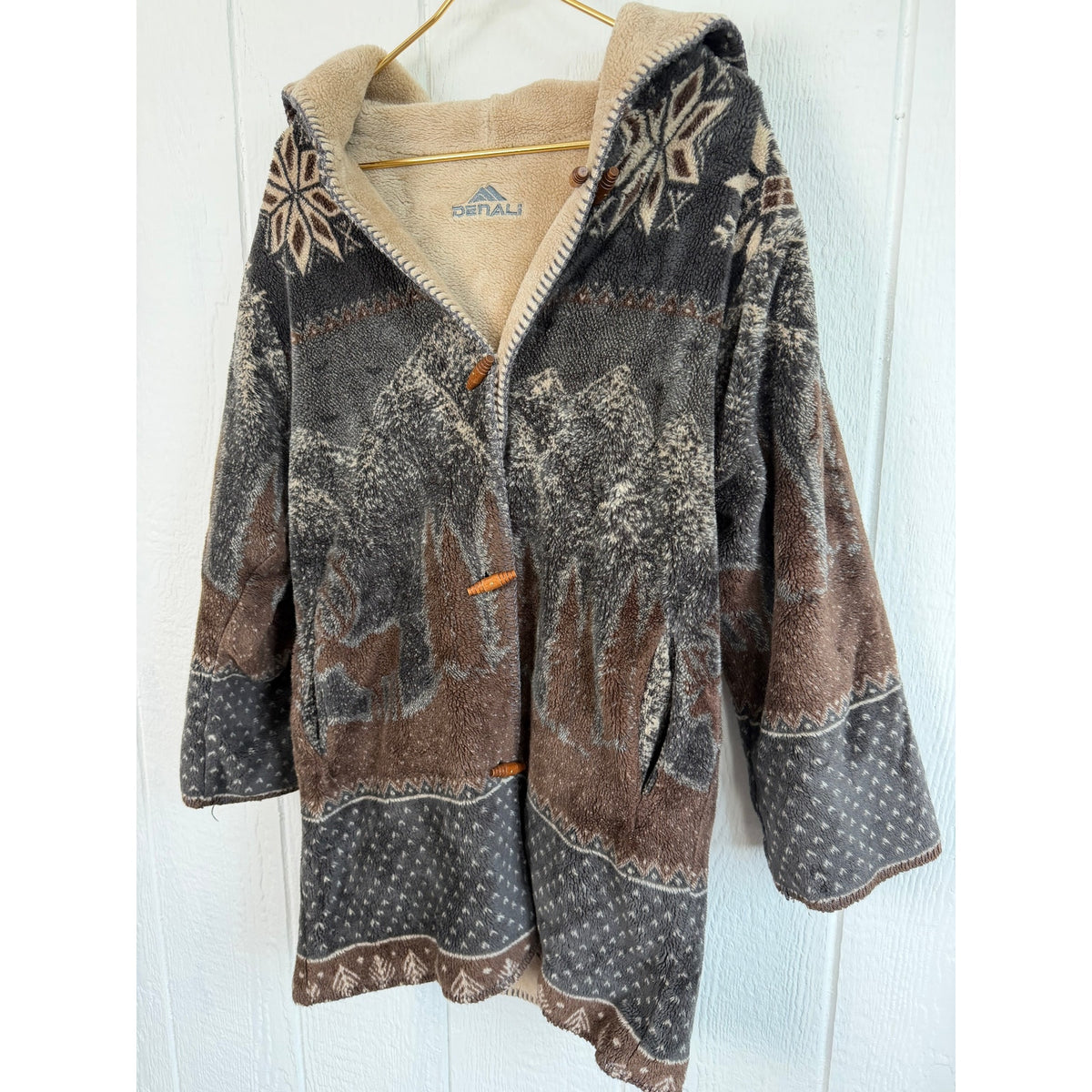 Vintage Denali Fleece Jacket Small Deer Mountain Nordic Hooded Toggle Made USA