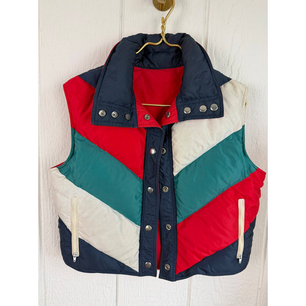 Vintage 80s JCPenney Ski Vest Medium Down Puffer Colorblock Après Ski Chevron