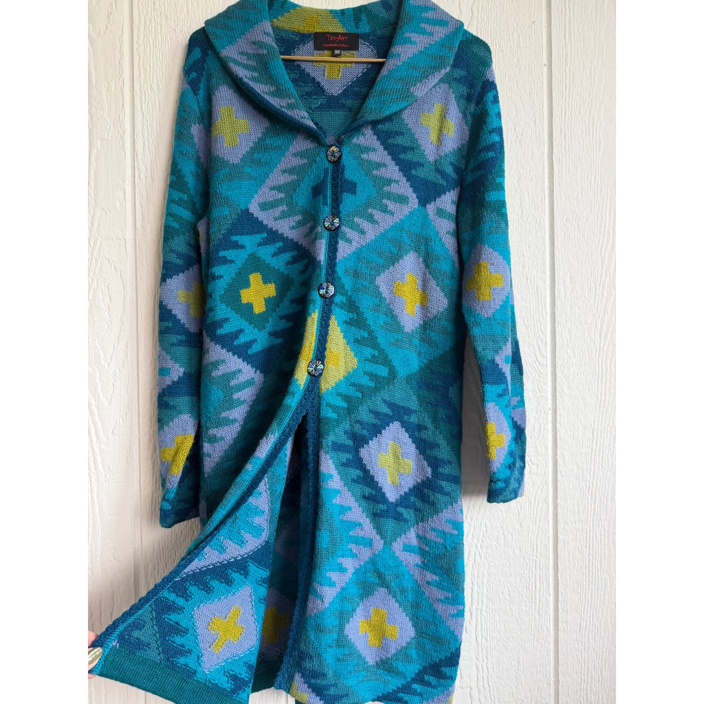 VTG Peruvian Alpaca Wool Tey Art Peru Long Cardigan Medium Sweater Southwestern