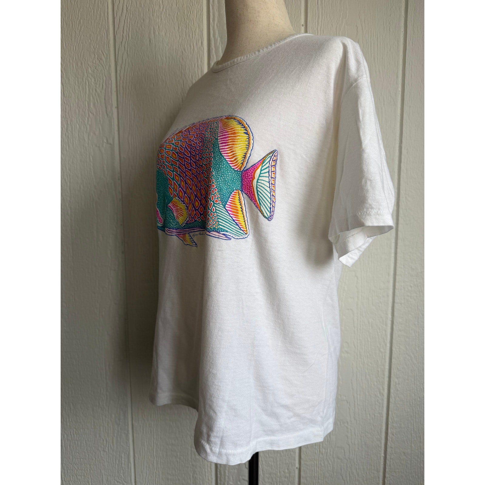 Vintage Panama Jack Tropical Fish Graphic T-Shirt White Single Stitch Style M