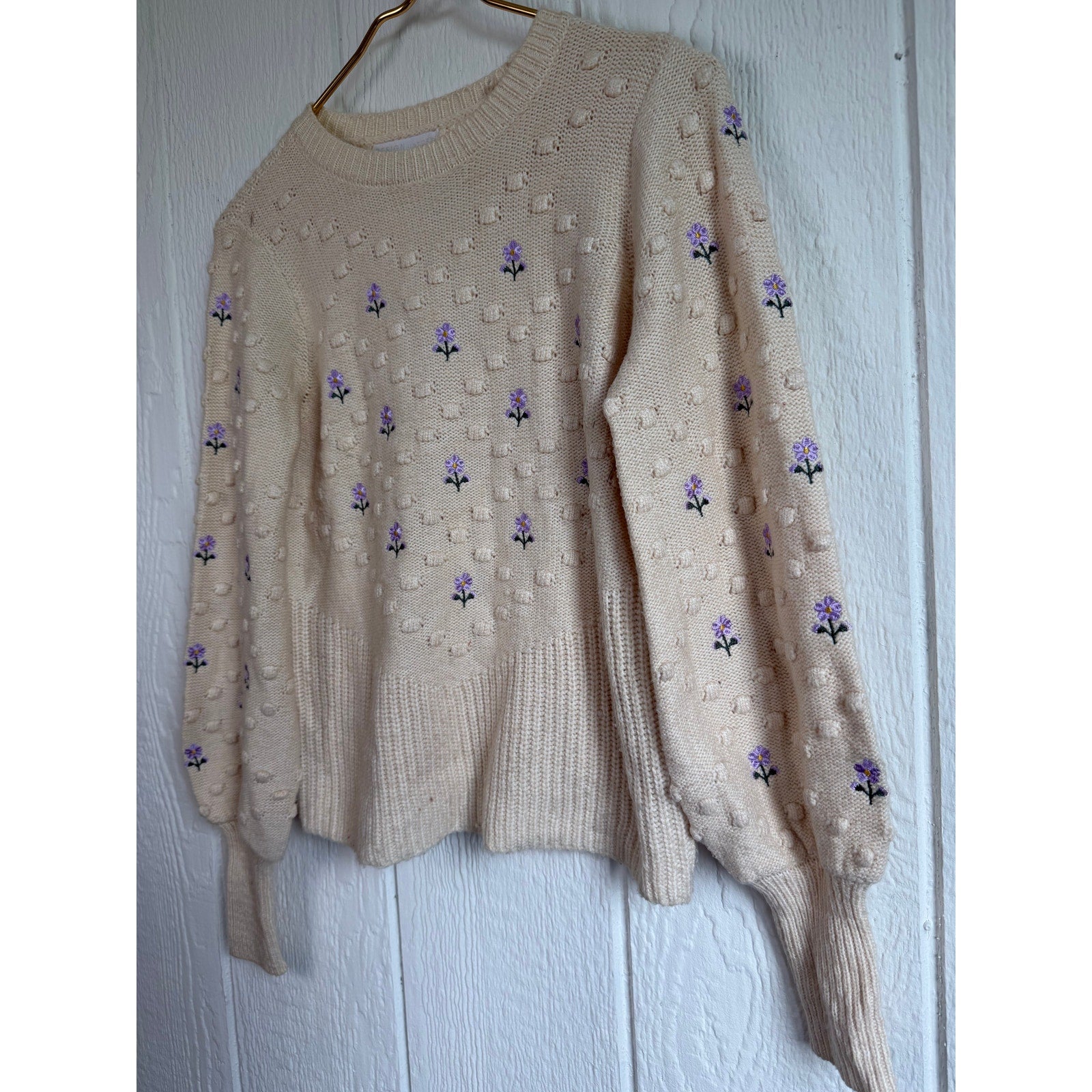 Vintage Cream Floral Embroidered Bobble Knit Sweater Cottagecore S