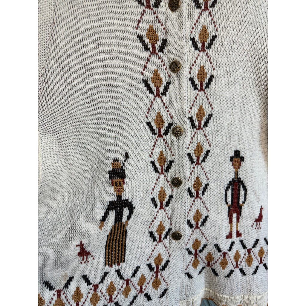 Vintage 90s Griffing Folk Art Cardigan Sweater Cape Cream Beige Button Front