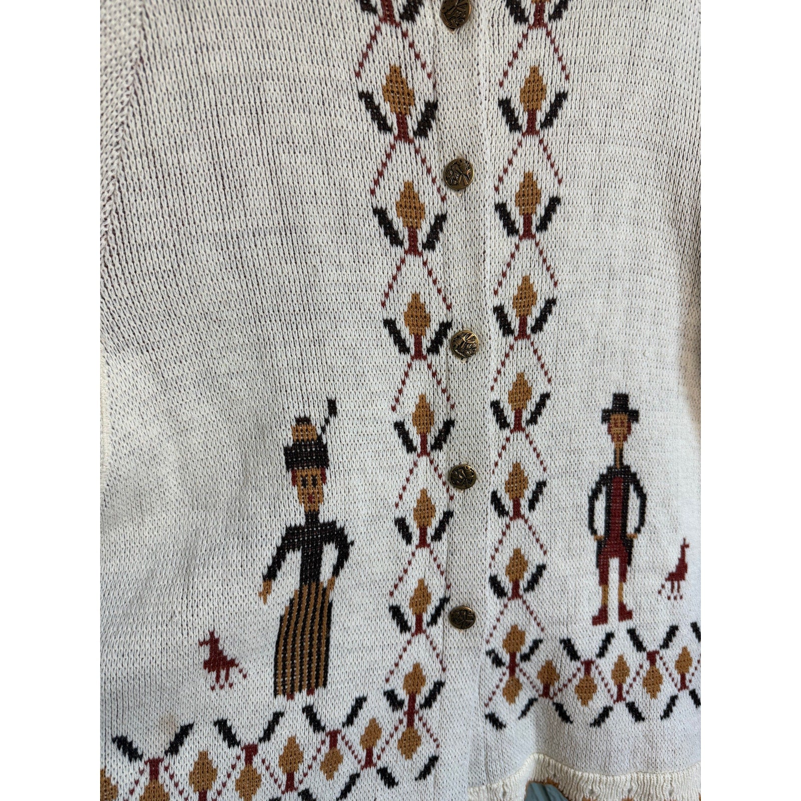 Vintage 90s Griffing Folk Art Cardigan Sweater Cape Cream Beige Button Front