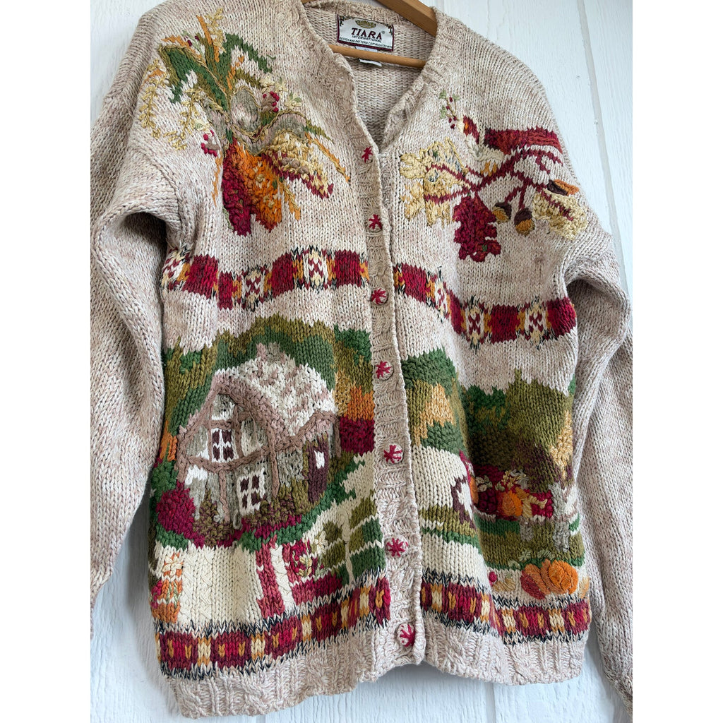 Vintage 90s Tiara International Chunky Knit Cottage Sweater Fall Scenic Large