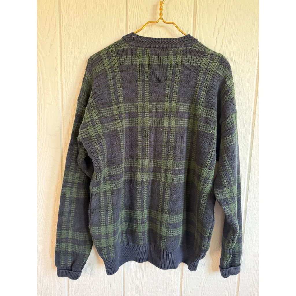 Vintage Woods & Navy Blue Green Plaid Cotton Sweater Size M 90s Grandpa Knit