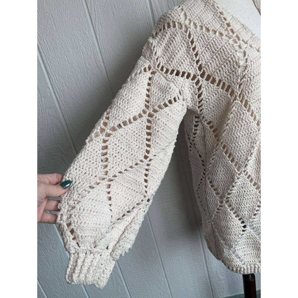 Vintage Hand Crochet Boho Cardigan Cream Open Knit Balloon Sleeve