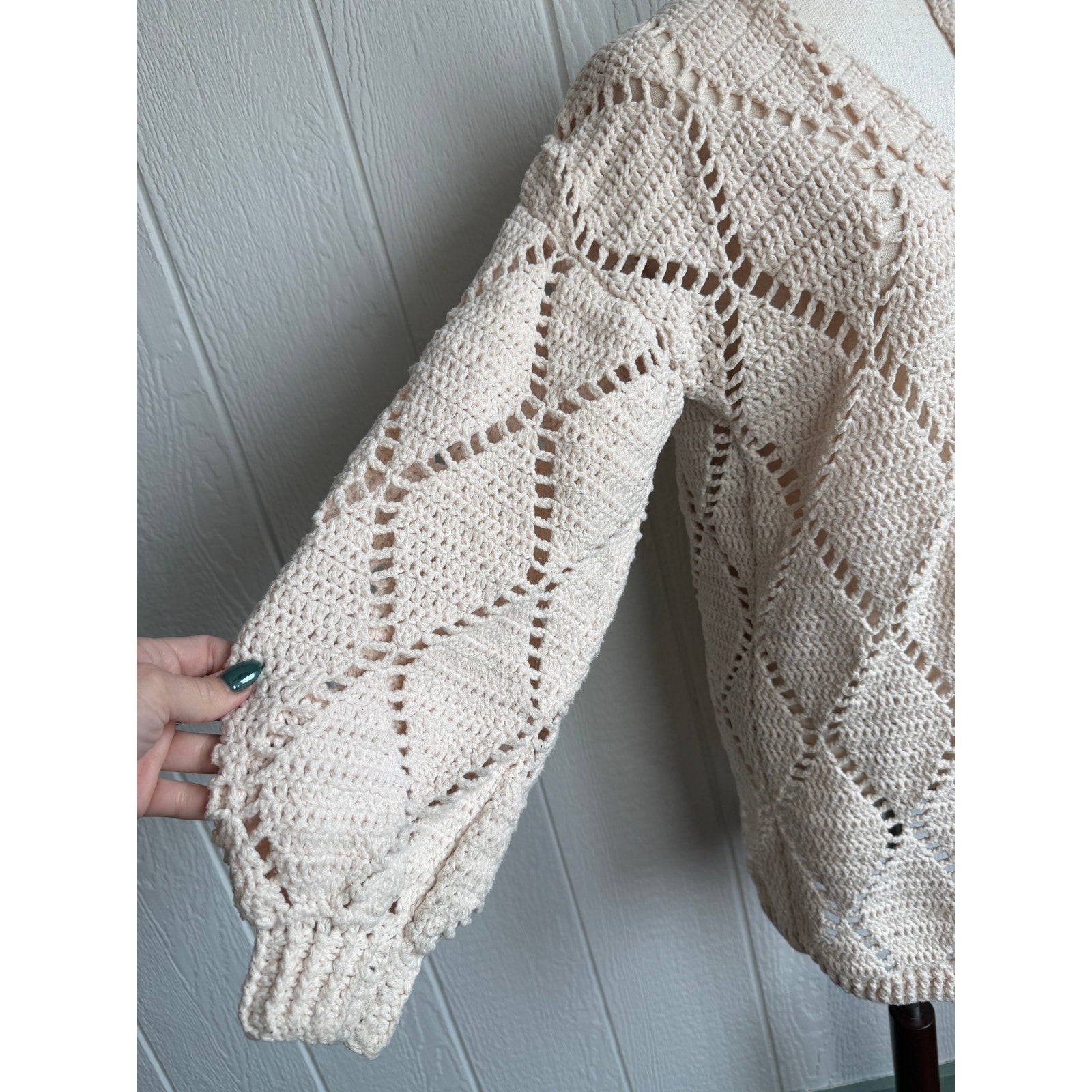 Vintage Hand Crochet Boho Cardigan Cream Open Knit Balloon Sleeve