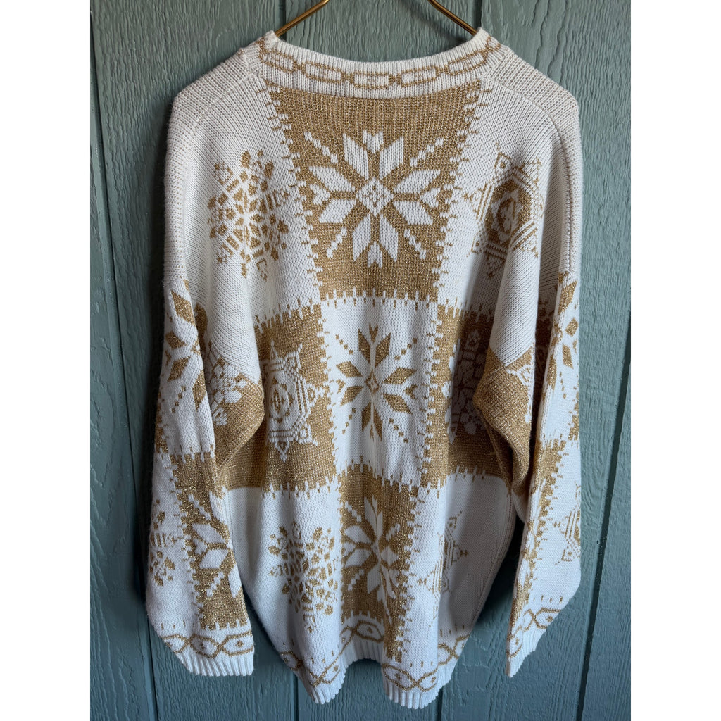Vintage New Addition Ivory & Gold Snowflake Knit Sweater Holiday Cozy