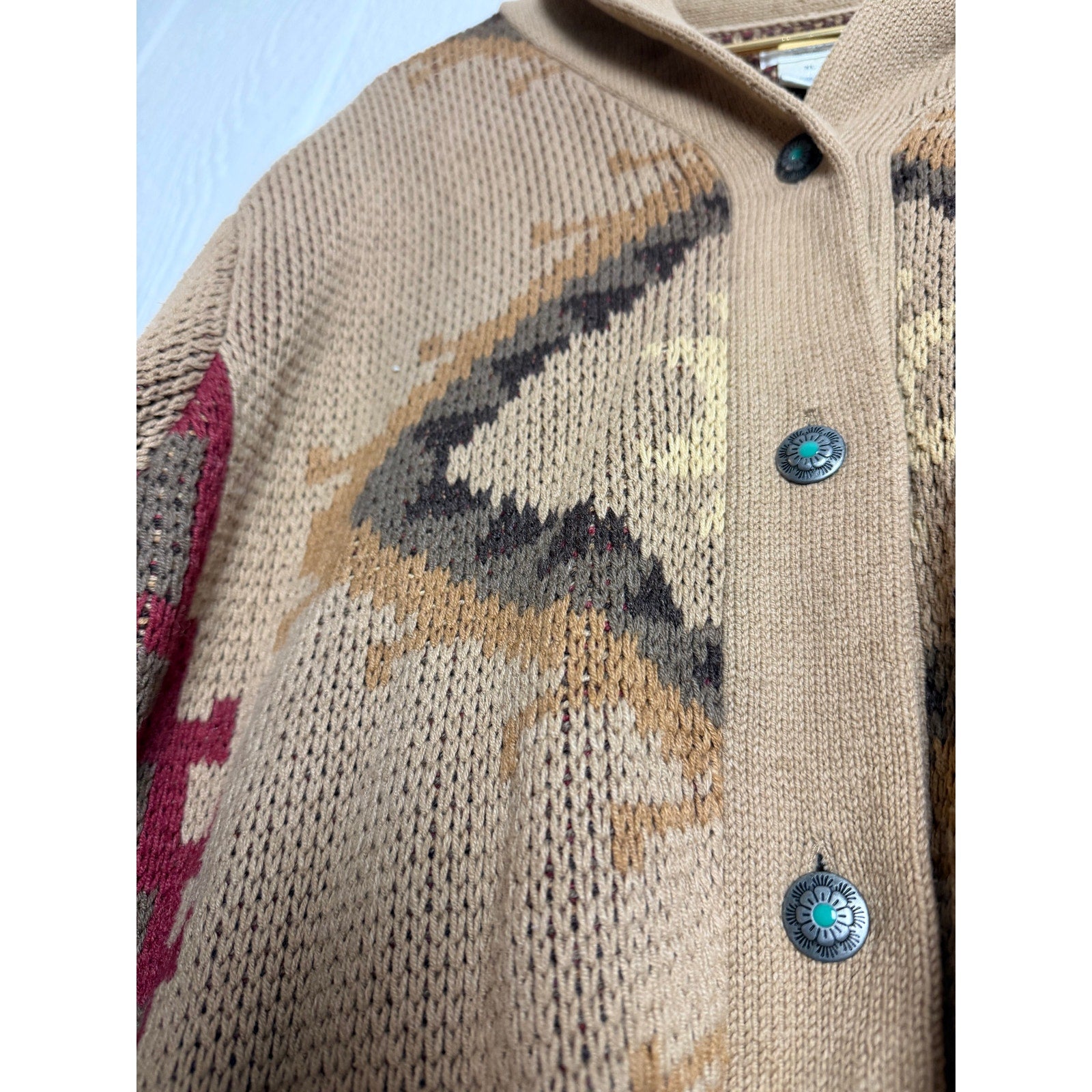 Vintage Tasha Polizzi Knit Cardigan Shawl Collar Aztec Turquoise Buttons Size XL