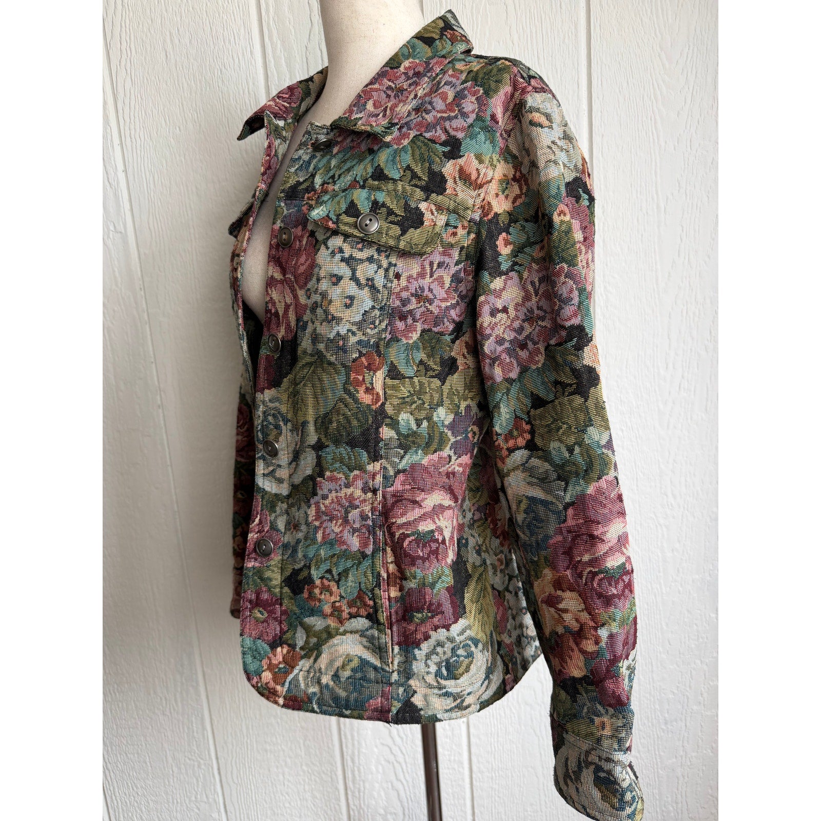 Vintage Floral Tapestry Jacket Cottagecore Rose Woven Jacket Petite PM