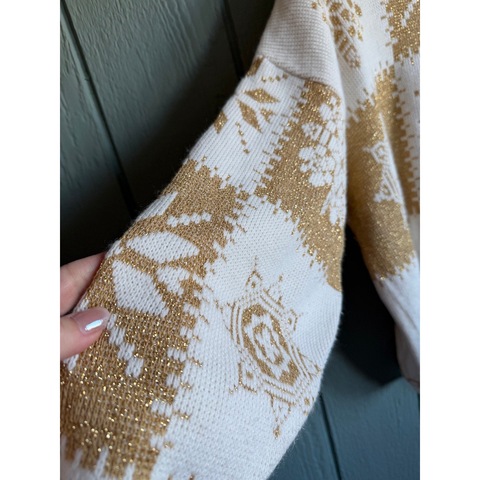 Vintage New Addition Ivory & Gold Snowflake Knit Sweater Holiday Cozy