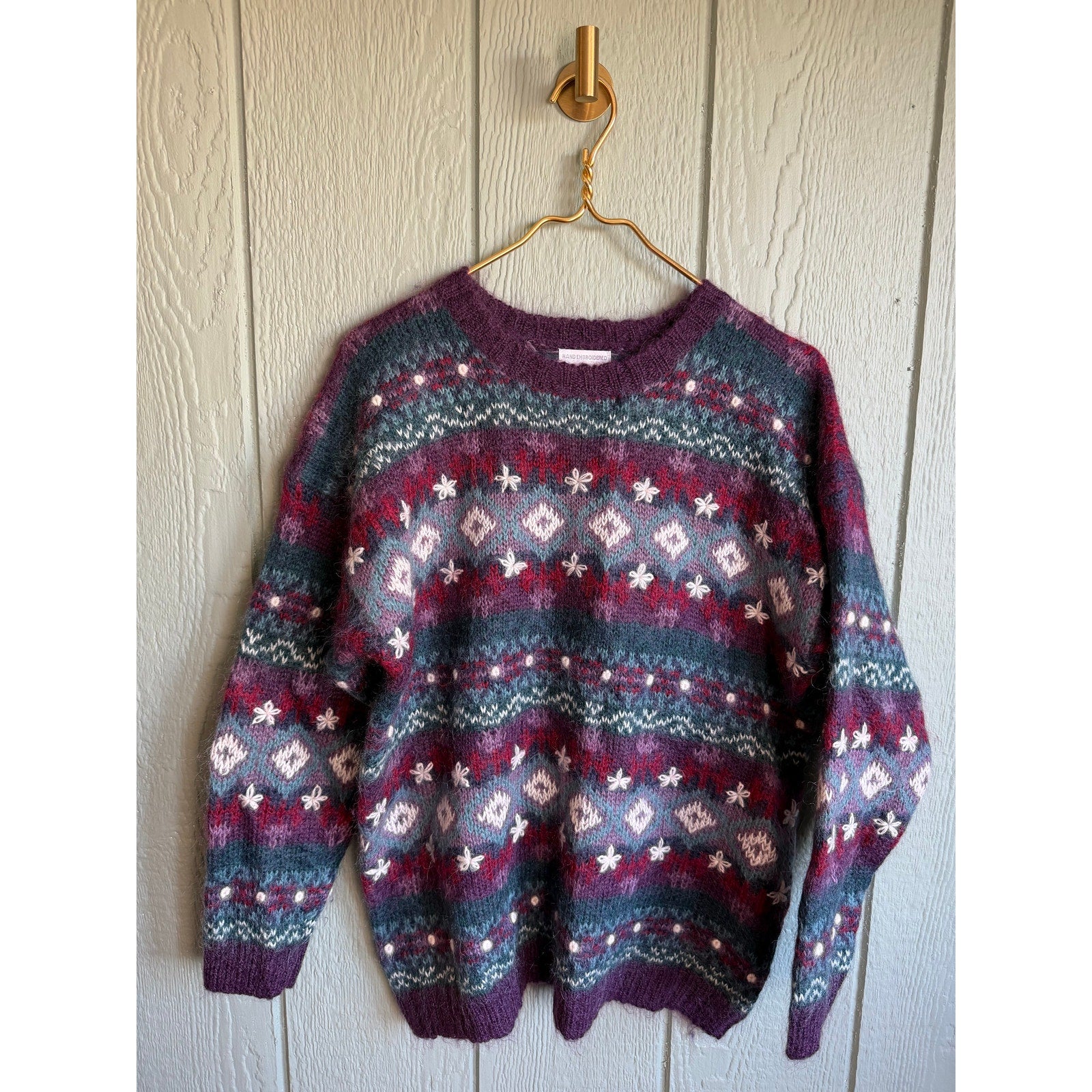 Vintage 90s Christopher & Banks Mohair Blend Sweater Nordic Fair Isle Pattern Knit Hand Embroidered