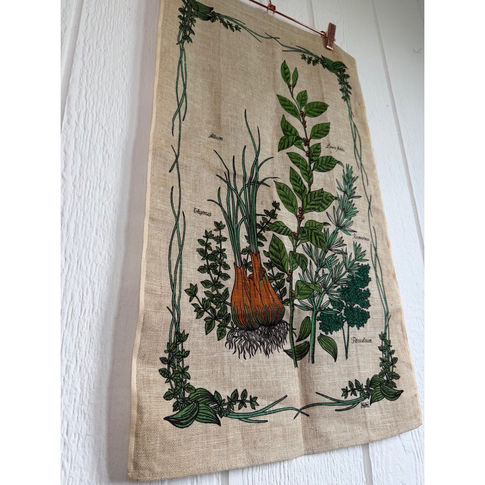 Vintage Botanical Herbs Linen Tea Towel Kitchen Wall Hanging Bay Rosemary Thyme