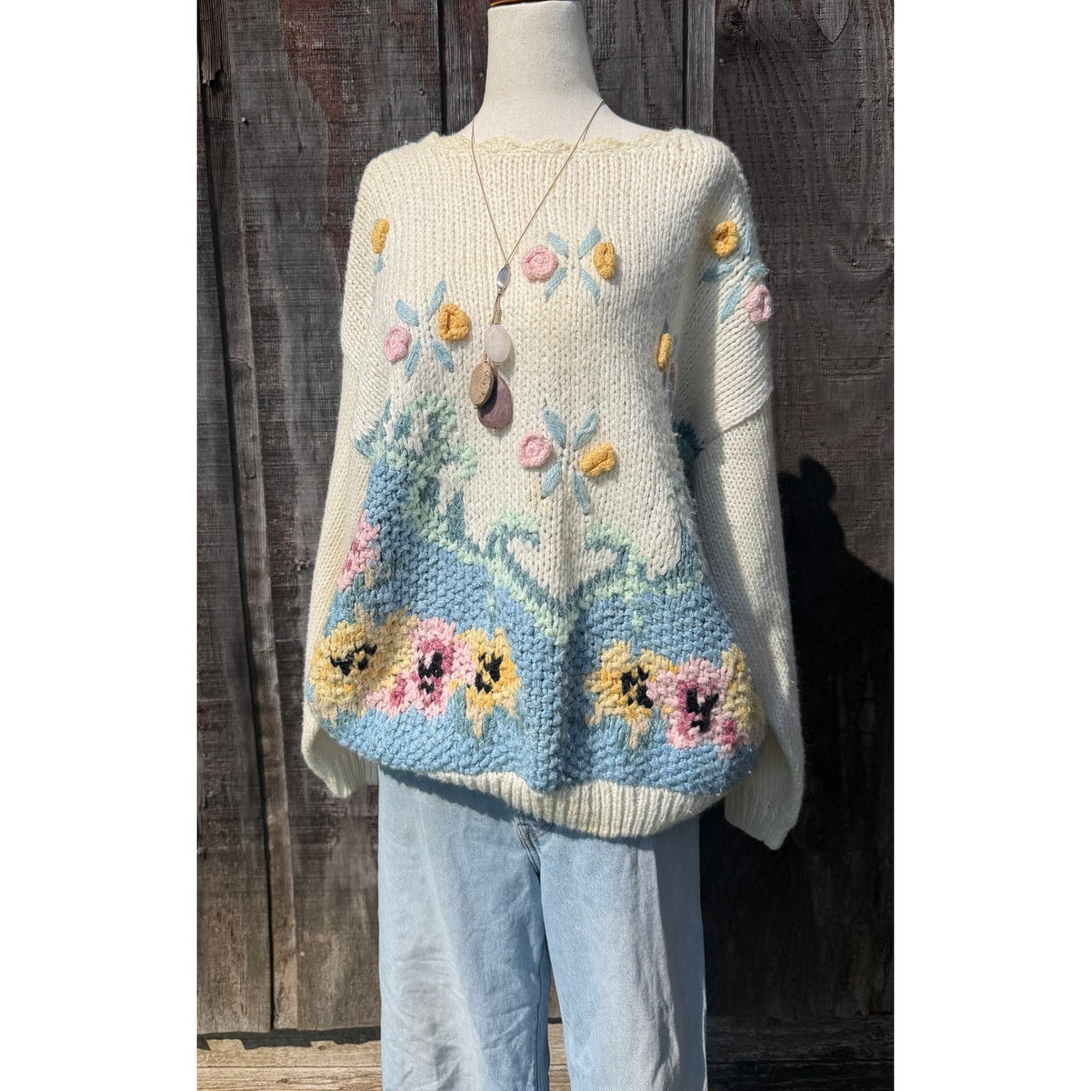 Vintage Hand Knit Floral Embroidered Sweater