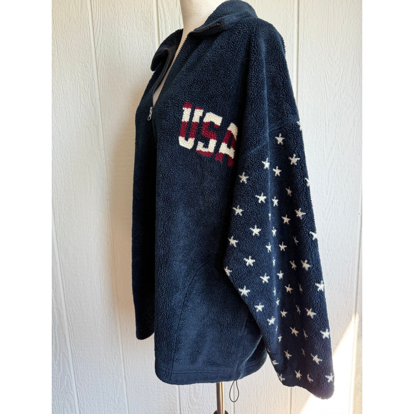 Vintage USA American Flag Sherpa Fleece Jacket Made in USA Patriotic Zip Up 2X