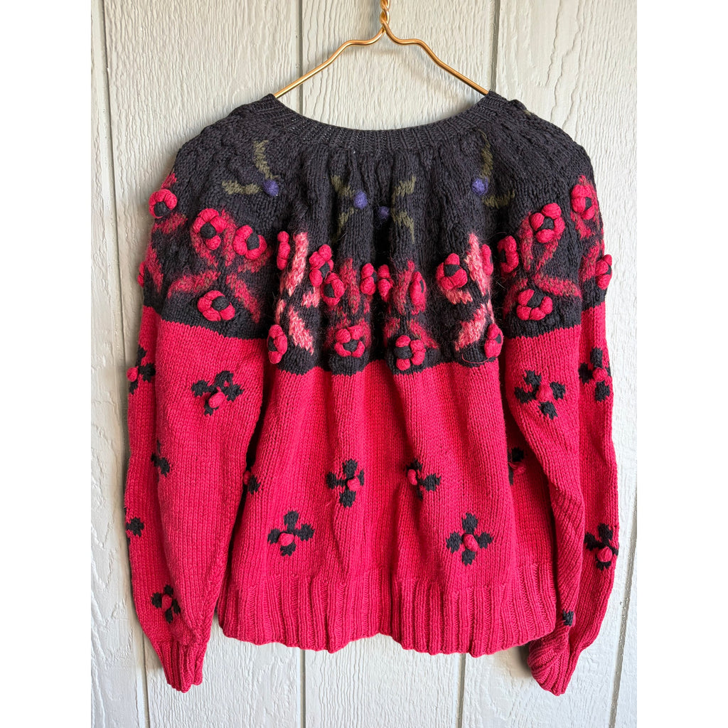 Vintage Hand Knit Floral Cardigan Sweater Red & Black Chunky Button Front Medium