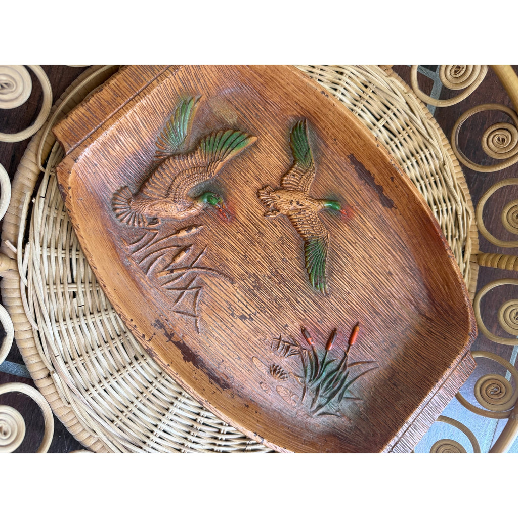 Vintage Rustic wall tray 60s 70s Mallard Duck Cattails