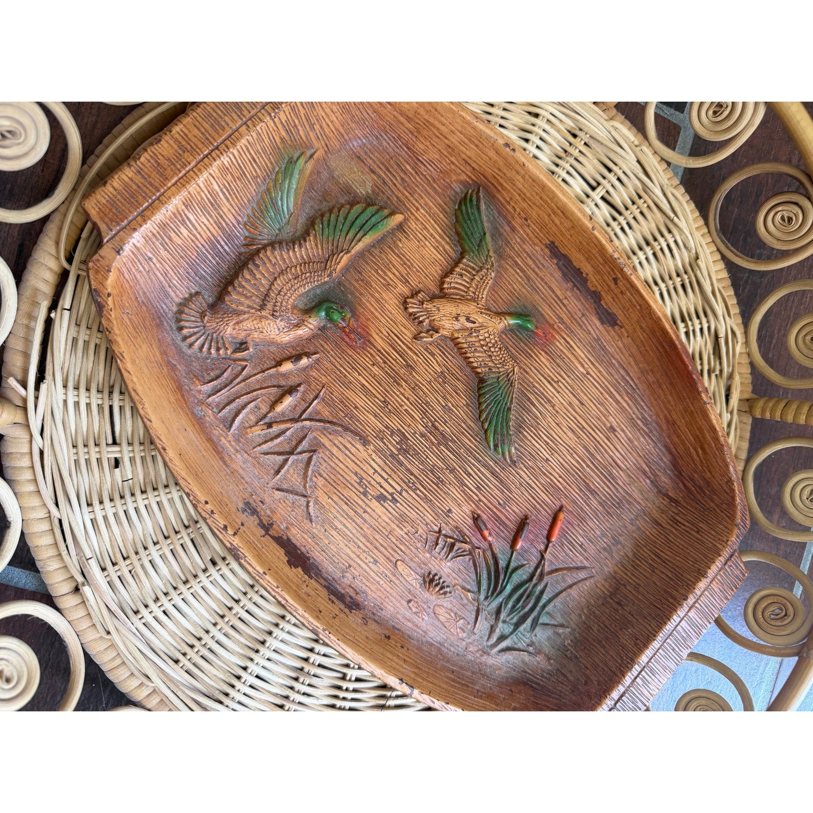 Vintage Rustic wall tray 60s 70s Mallard Duck Cattails