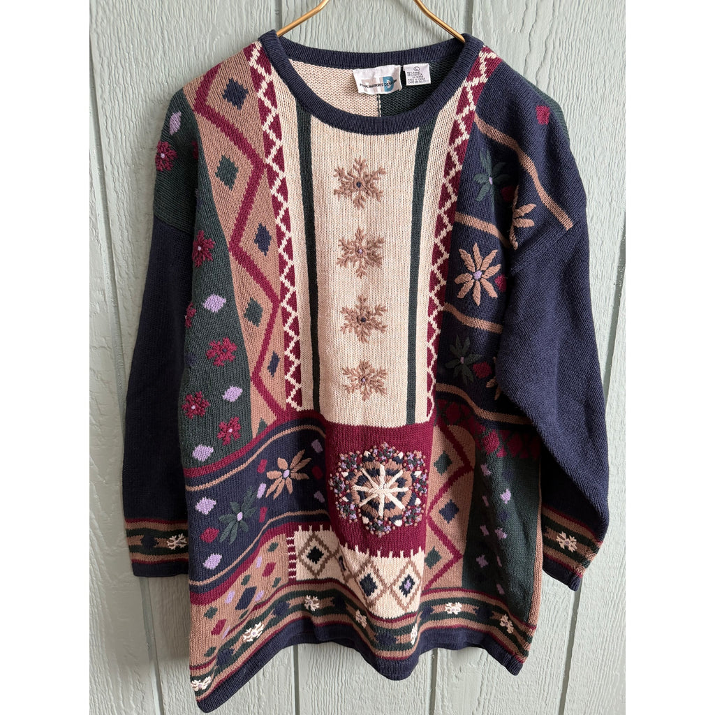 Vintage Tapestry Sweater Women’s LG Patchwork Floral Snowflake Knit