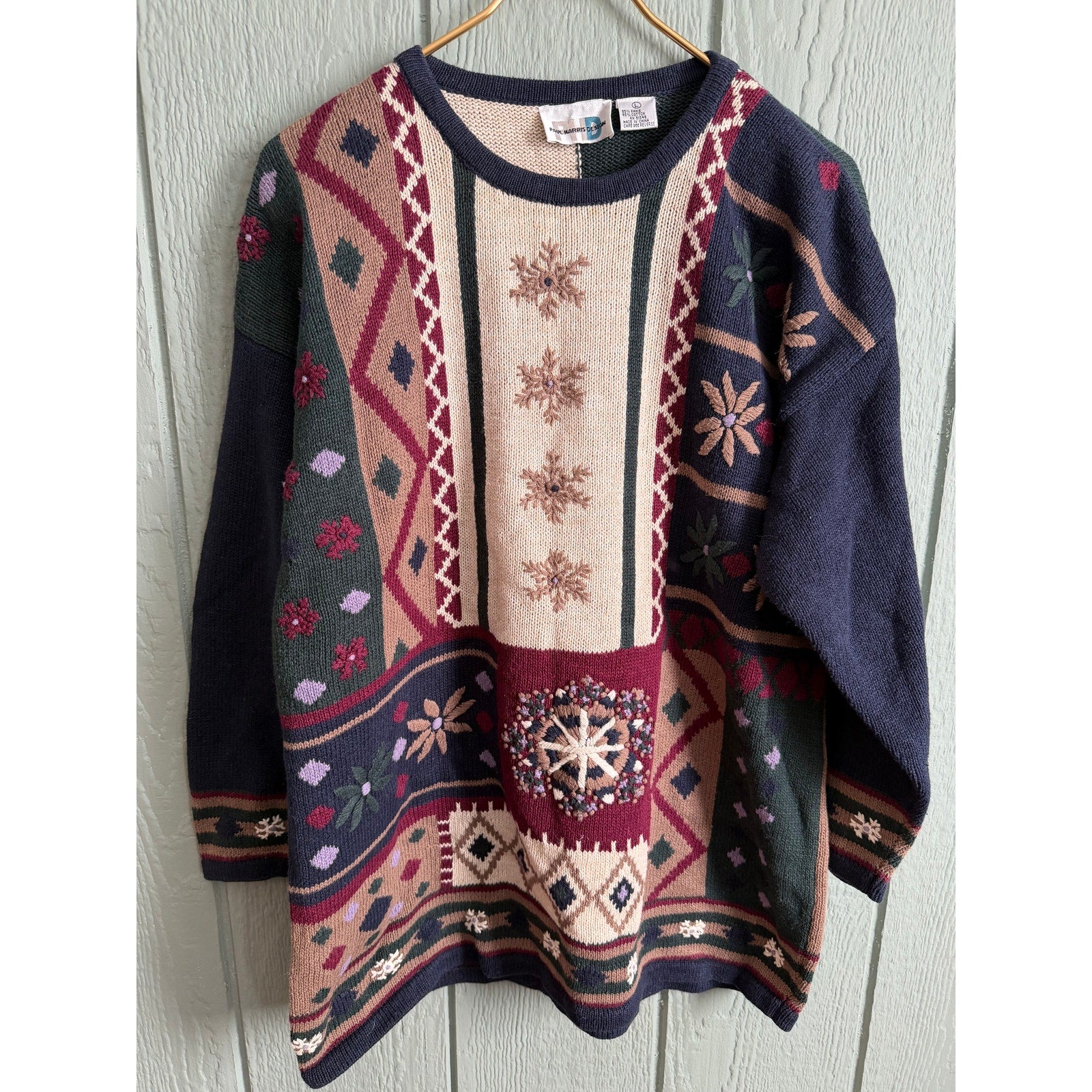Vintage Tapestry Sweater Women’s LG Patchwork Floral Snowflake Knit