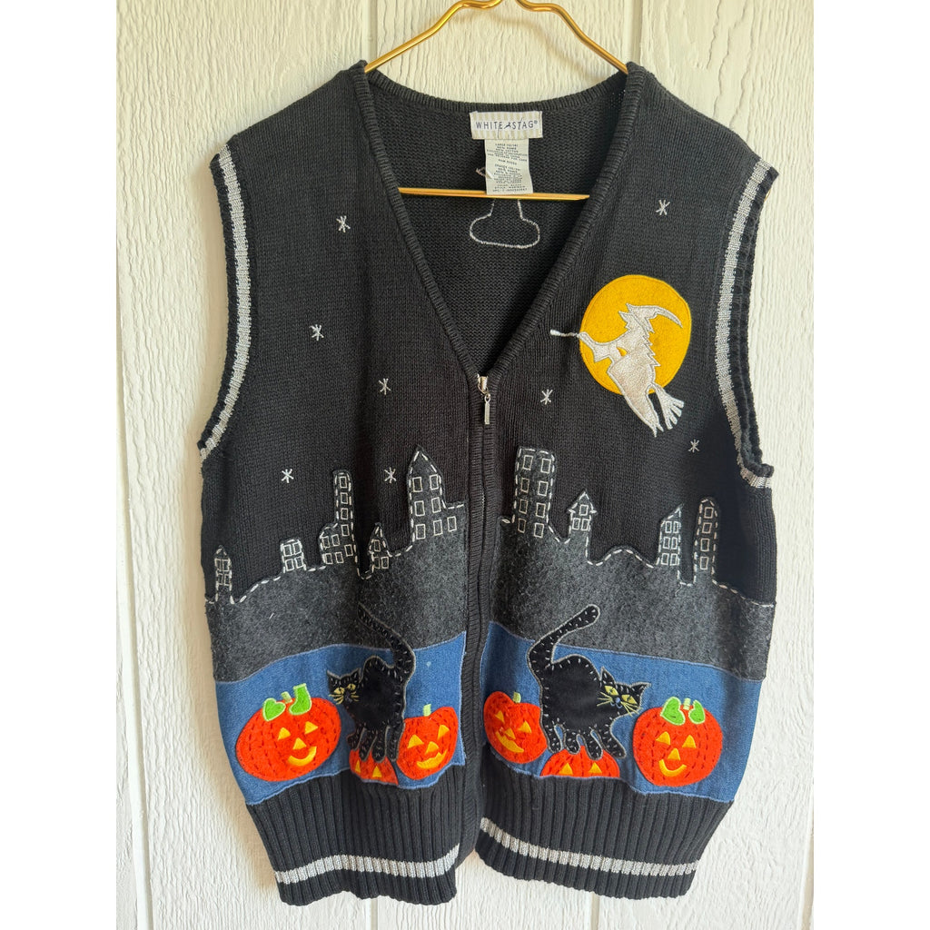 Vintage Embroidered Halloween Sweater Vest Zip Cats Pumpkins Witch Moon LG