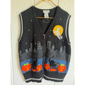 Vintage Embroidered Halloween Sweater Vest Zip Cats Pumpkins Witch Moon LG