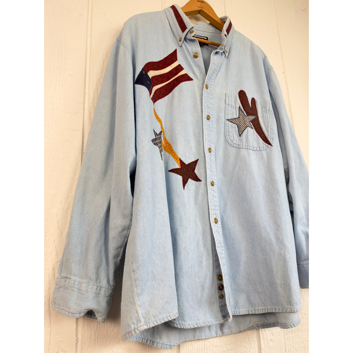 Vintage 90s Three Rivers 2000 Denim Shirt Patriotic Flag Star Applique XL