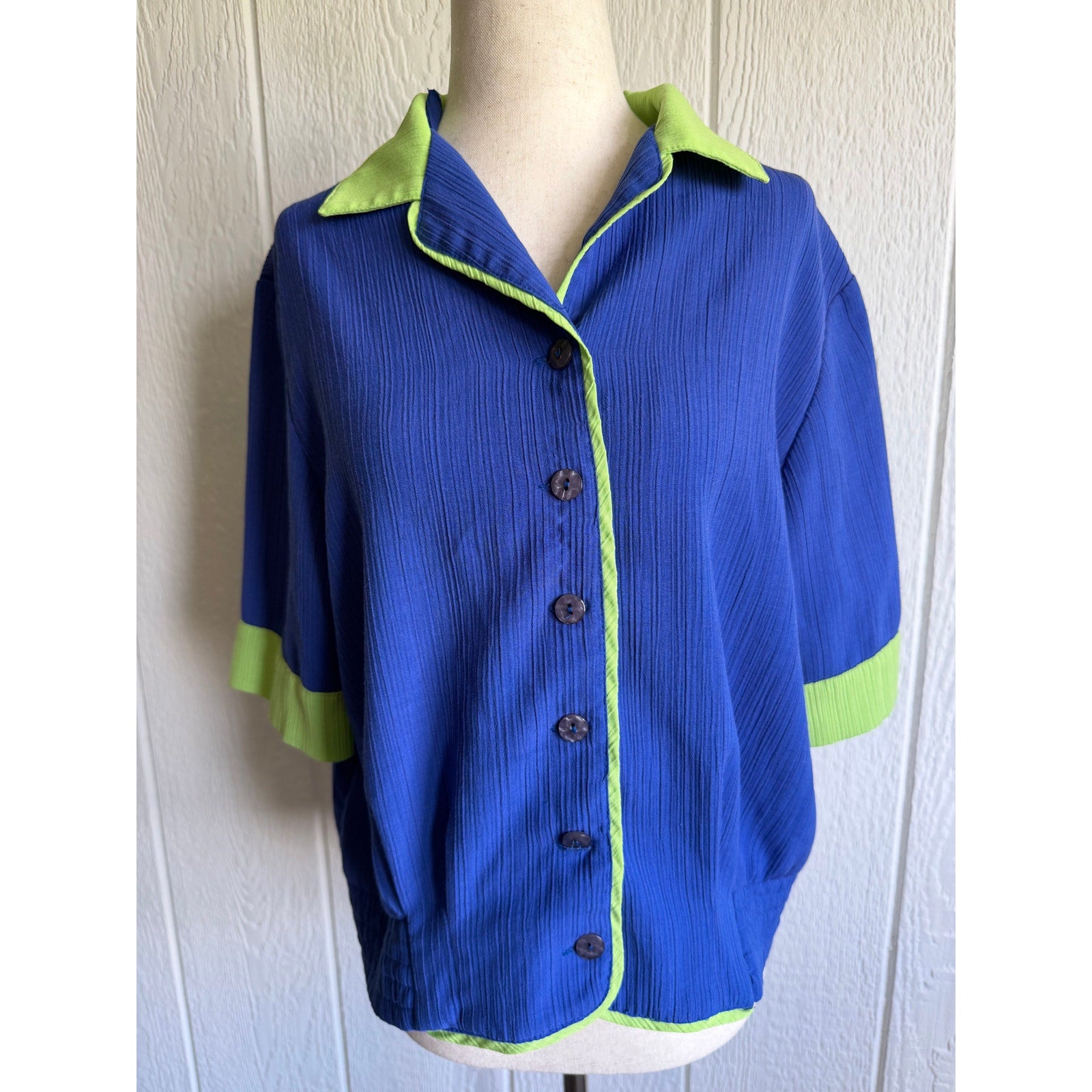 Vintage Colorblock Blouse Blue Green Crinkle Button Front Top 90s