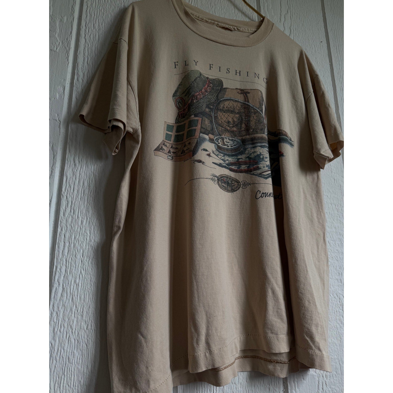 Vintage Single Stitch Fly Fishing Connecticut Graphic T Shirt Beige USA Made