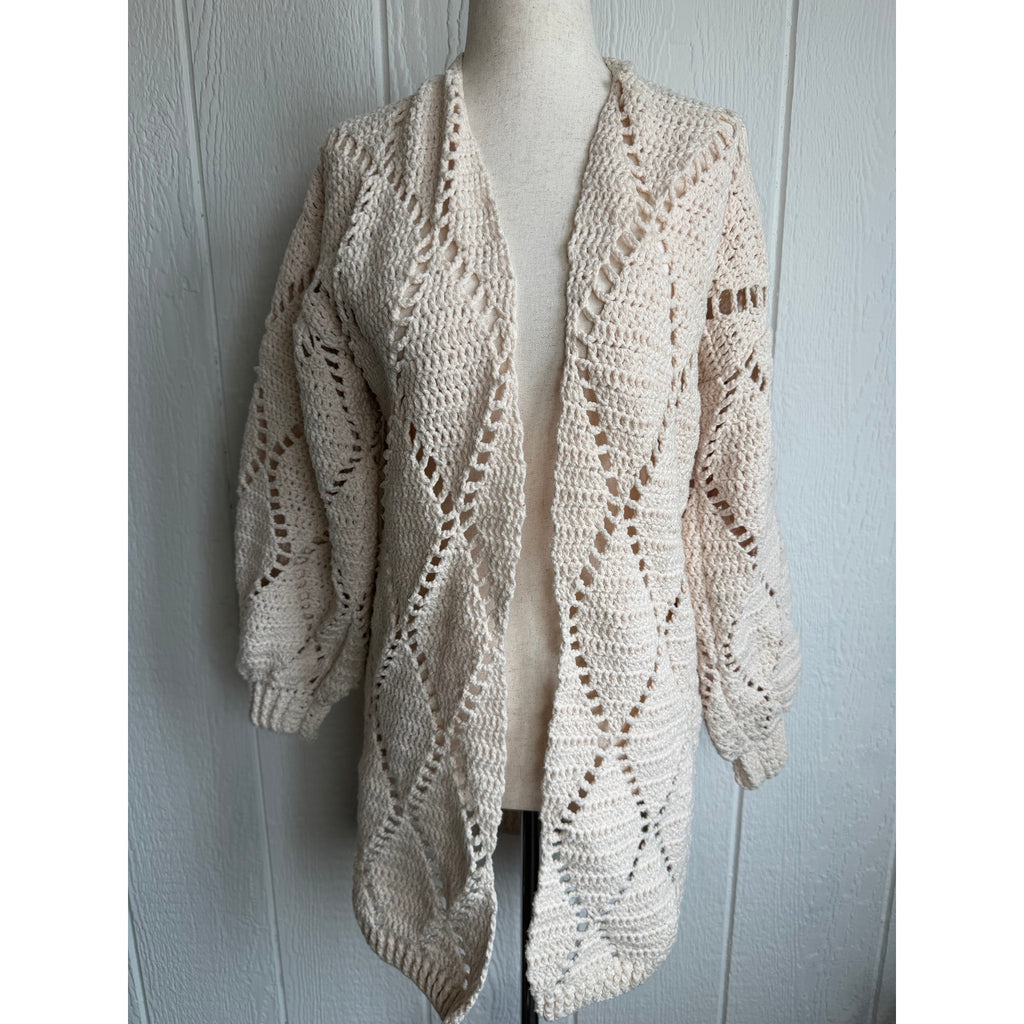 Vintage Hand Crochet Boho Cardigan Cream Open Knit Balloon Sleeve