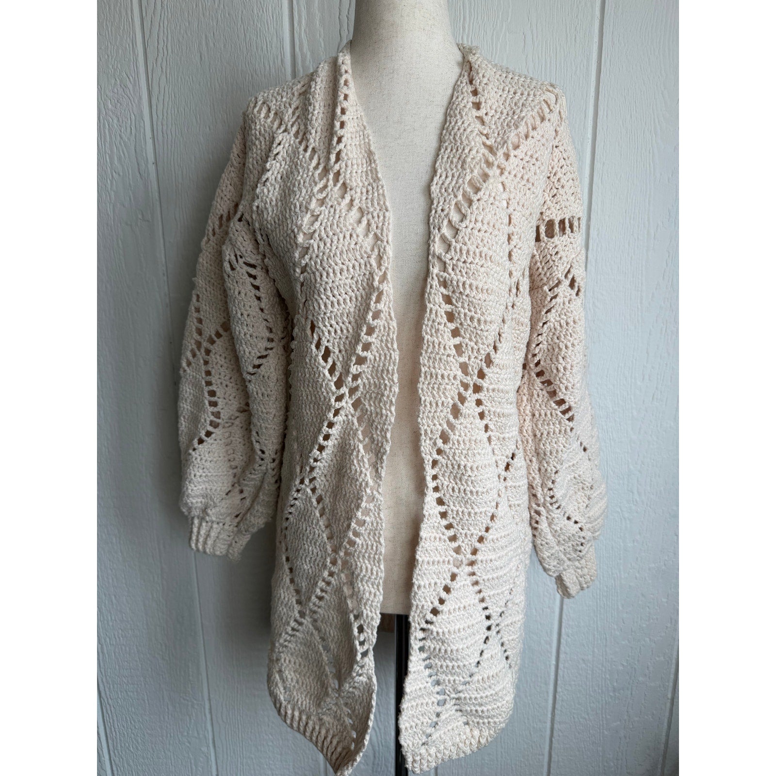Vintage Hand Crochet Boho Cardigan Cream Open Knit Balloon Sleeve