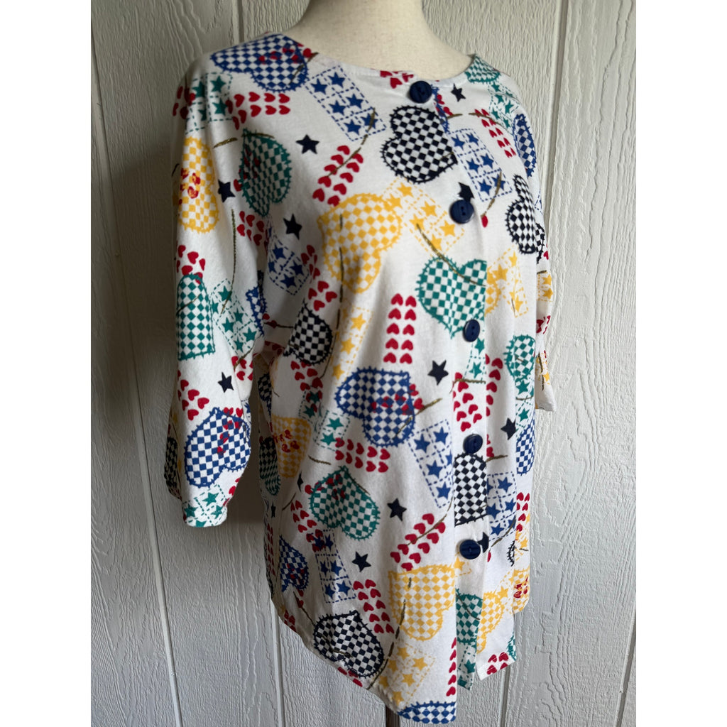 Vintage Act III Heart Print Blouse Button Front Novelty Checker Star Top Medium
