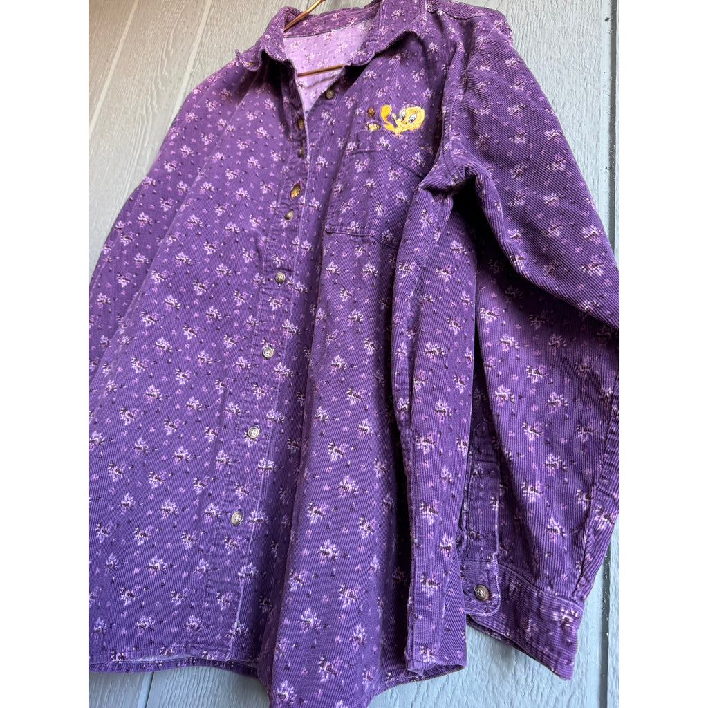 Vintage Tweety Bird Purple Corduroy Button Down Shirt Floral Looney Tunes 90s