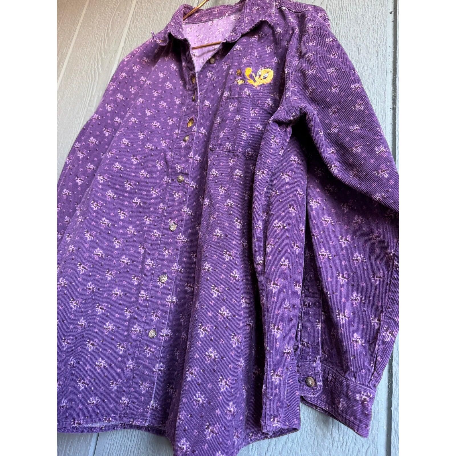 Vintage Tweety Bird Purple Corduroy Button Down Shirt Floral Looney Tunes 90s