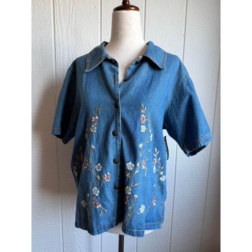 NWT Vintage 90s Embroidered Denim Button Front Shirt Jacket Floral Women’s L