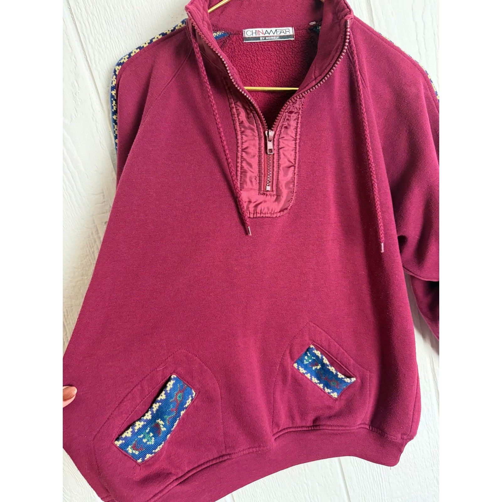 Vintage 90s Chinawear Quarter Zip Sweatshirt Burgundy Fleece Lined Size