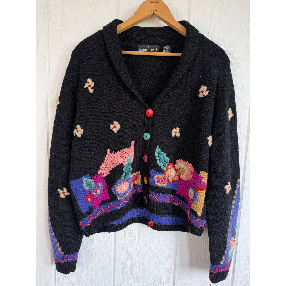 Vintage Carole Little Funky Floral Cardigan 90s Whimsigoth Wearable Art Sweater