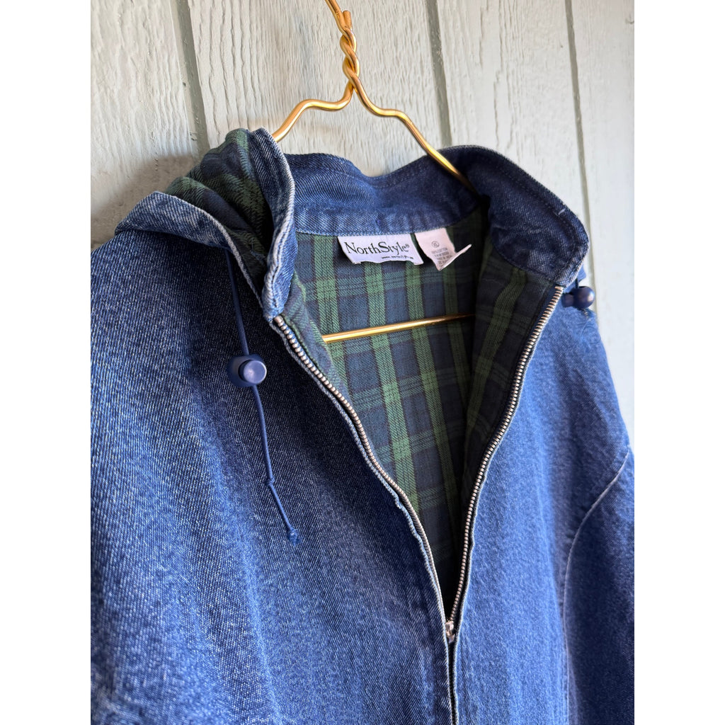 Vintage Denim Barn Jacket: Plaid Lined Fisherman's Jean Jacket XL