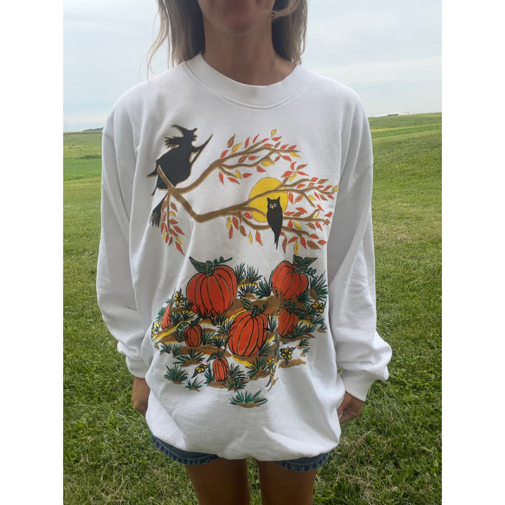 Vintage 90s Halloween Sweatshirt Witch Owl Pumpkin Graphic White USA 3X