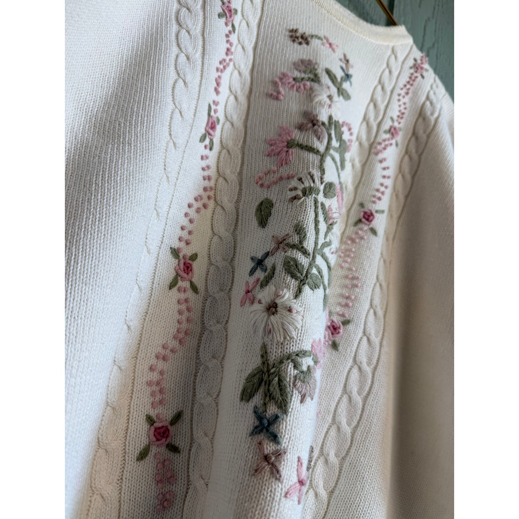 Vintage Floral Embroidered Cable Knit Sweater Ivory Cotton Ramie 1X Cottagecore