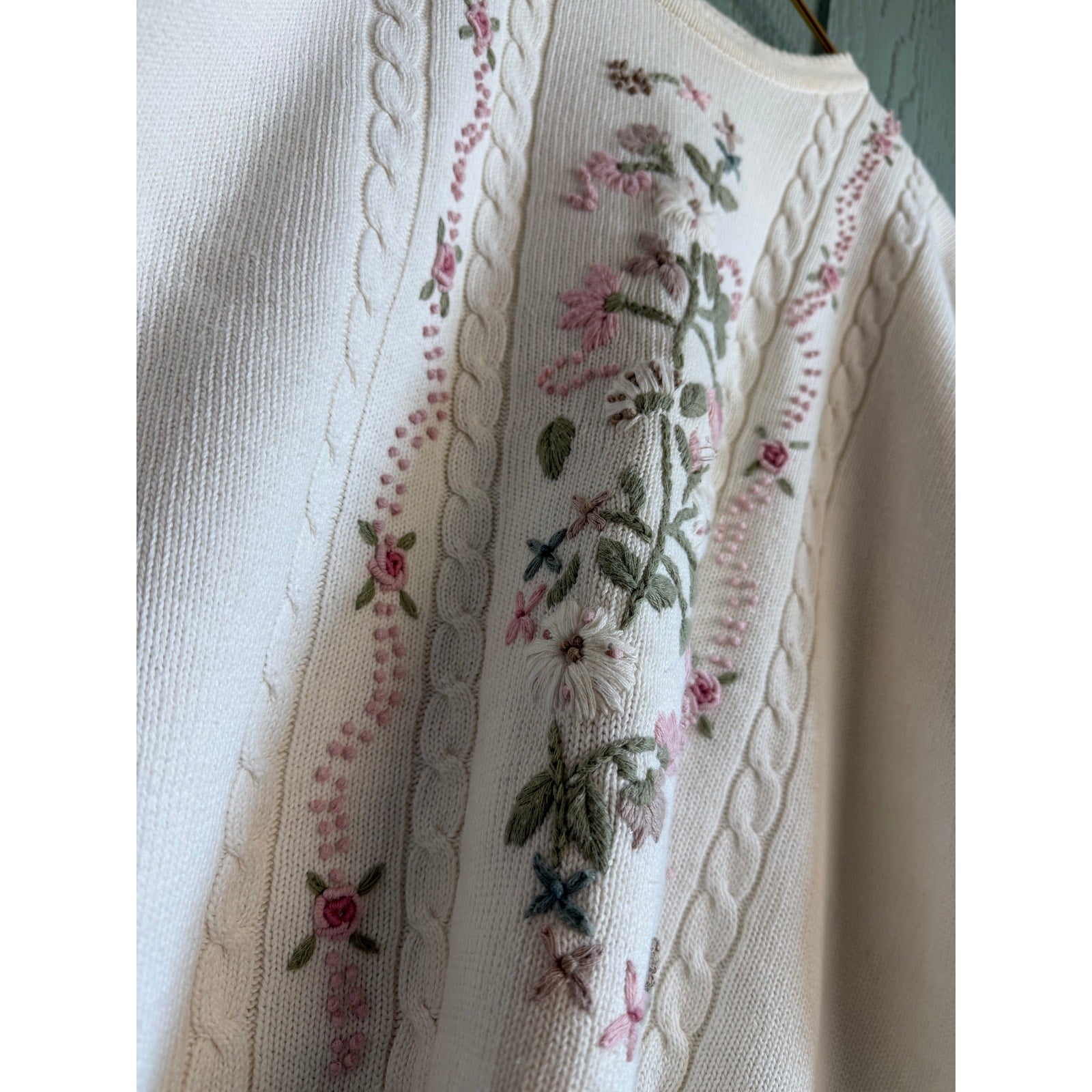 Vintage Floral Embroidered Cable Knit Sweater Ivory Cotton Ramie 1X Cottagecore