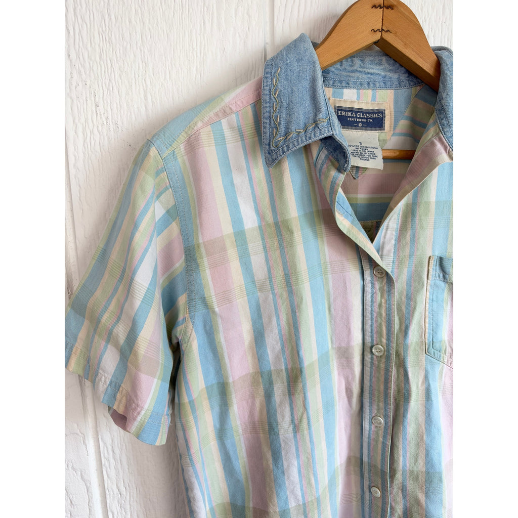 Vintage Erika Pastel Plaid Shirt Denim Collar Western 90s Cotton Button Up