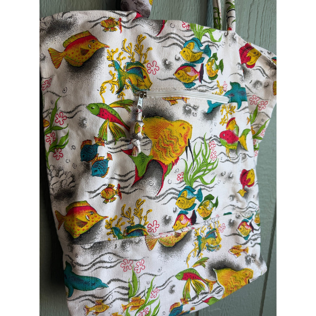 Vintage Fish Print Canvas Tote Bag w/ Wooden Beads 90s