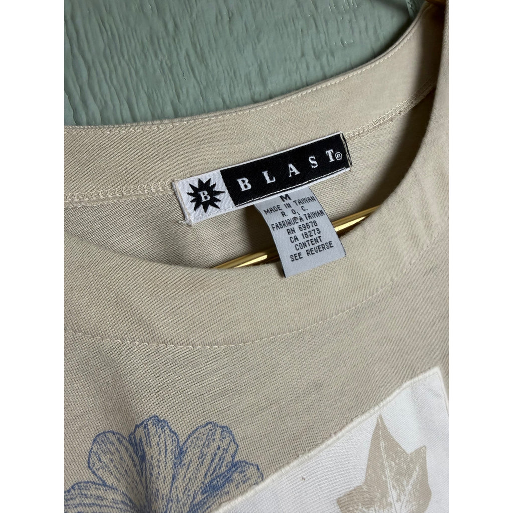 Vintage 90s Blast Floral Graphic Dress Beige Blue Botanical Print Medium
