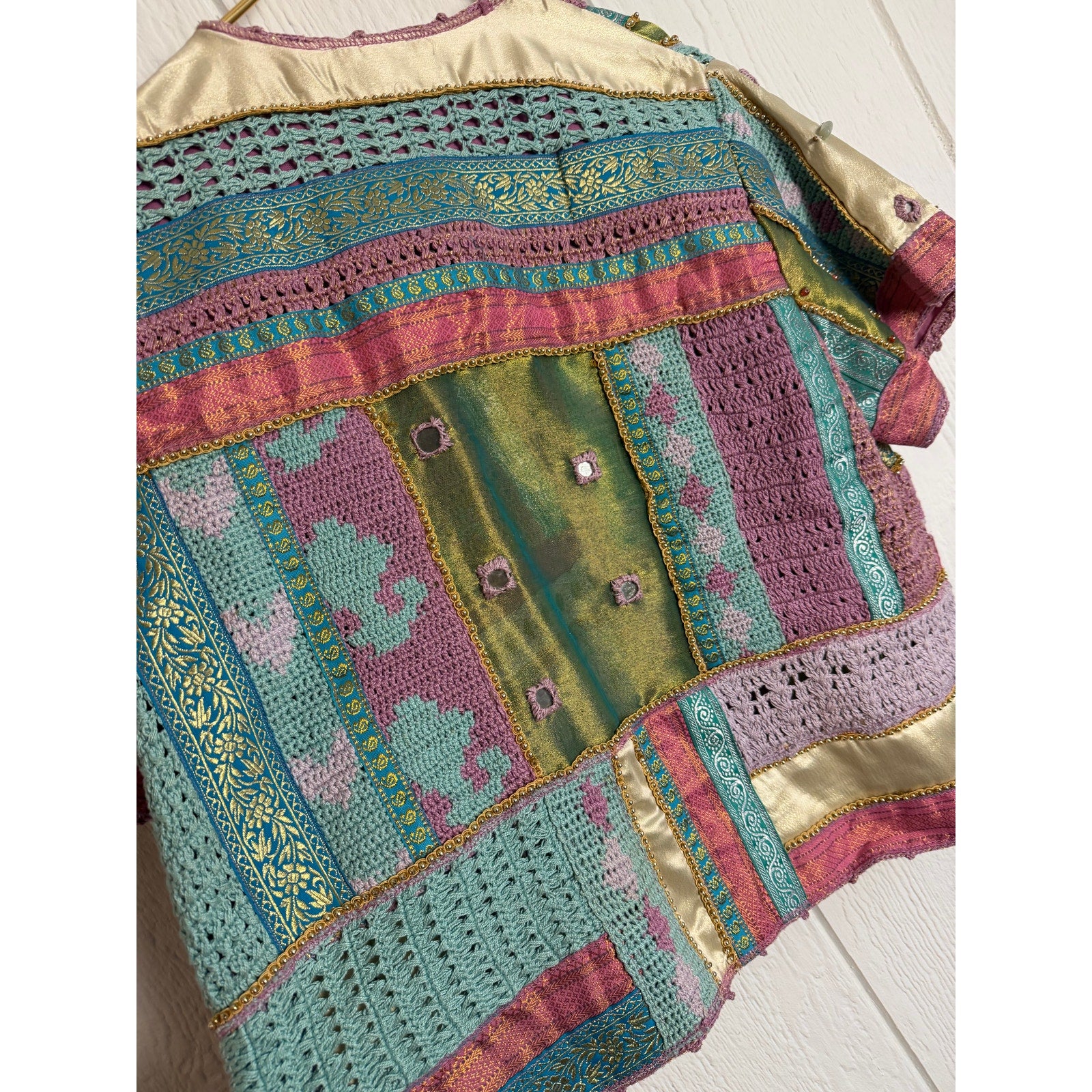 Vintage Sandy Starkman Patchwork Crochet Jacket Embellished Button Front Size M