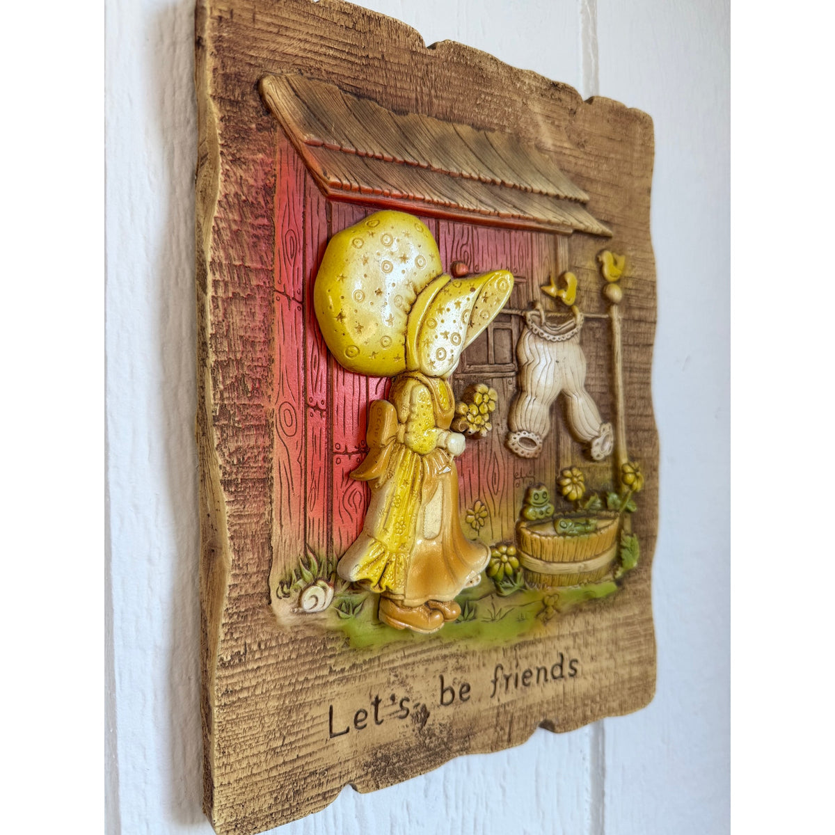 Vintage 1970s Girl Bonnet "Let's Be Friends" Wall Plaque Cottagecore Decor
