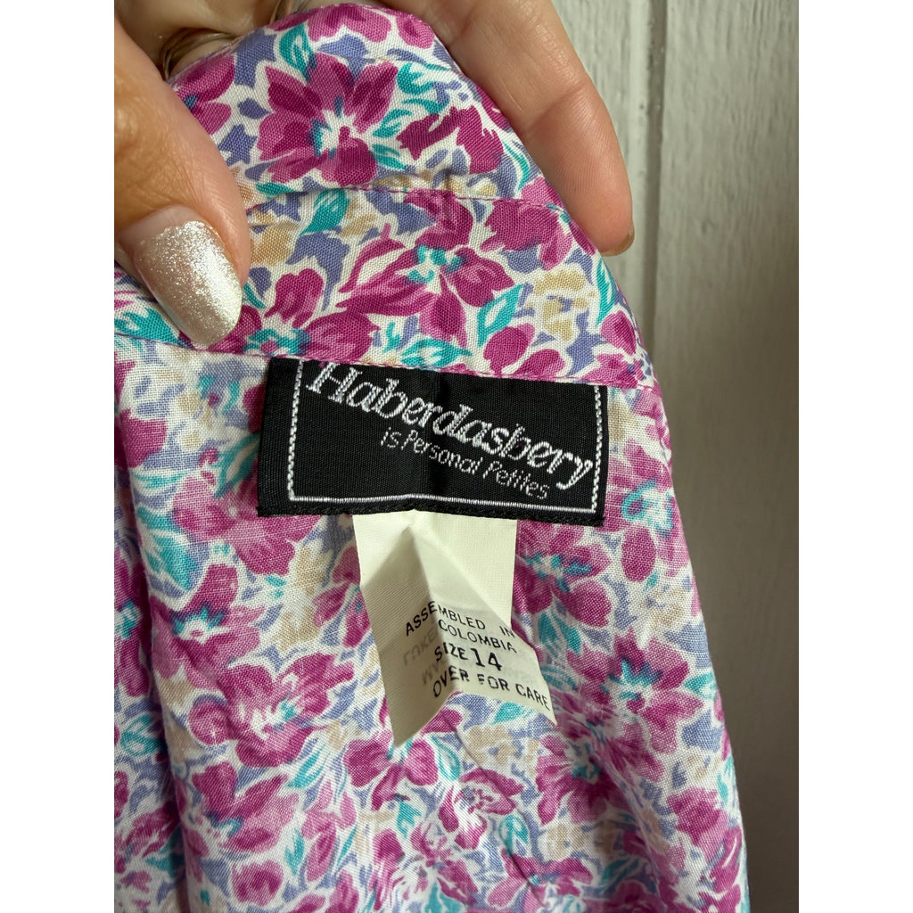 Vintage Floral Button Up Blouse Pink Purple Cottagecore Short Sleeve Shirt